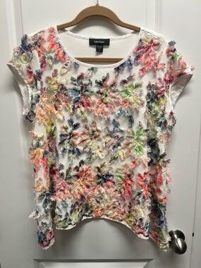 Karen Kane White Short Sleeve Tee with Multicolor Floral Fringe